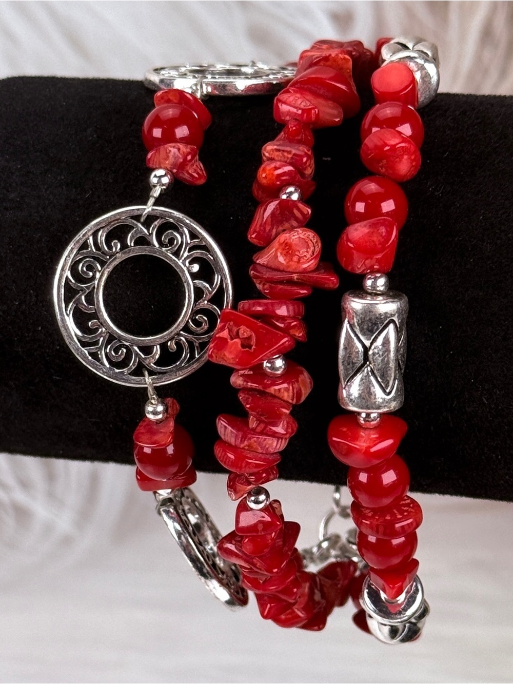 Three strand Silvertone, red accent, bead, toggle clasp bracelet